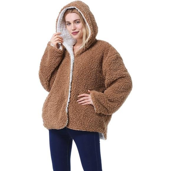 Catalonia Classic Reversible Sherpa Jacket, Fuzzy Winter Coat w/ Hood and Pocket - Picture 3 of 6